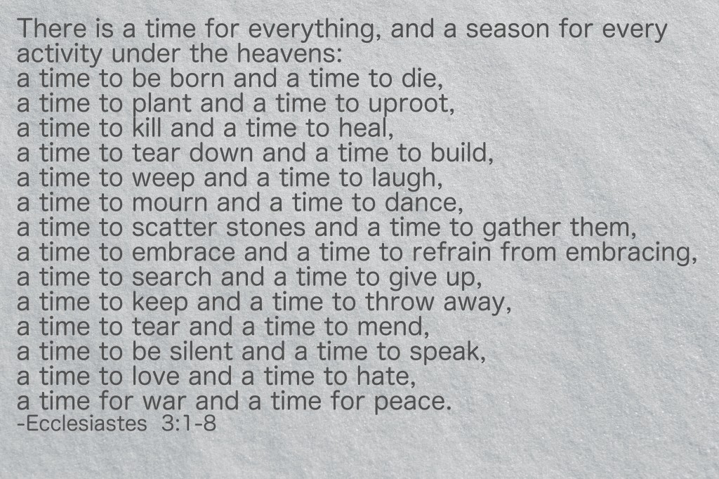 ecclesiastes There is a time for everything, and a season for every activity under the heavens: a time to be born and a time to die, a time to plant and a time to uproot, a time to kill and a time to heal, a time to tear down and a time to build, a time to weep and a time to laugh, a time to mourn and a time to dance, a time to scatter stones and a time to gather them, a time to embrace and a time to refrain from embracing, a time to search and a time to give up, a time to keep and a time to throw away, a time to tear and a time to mend, a time to be silent and a time to speak, a time to love and a time to hate, a time for war and a time for peace stolen colon stephanie hughes crohn's colitis ostomy blog