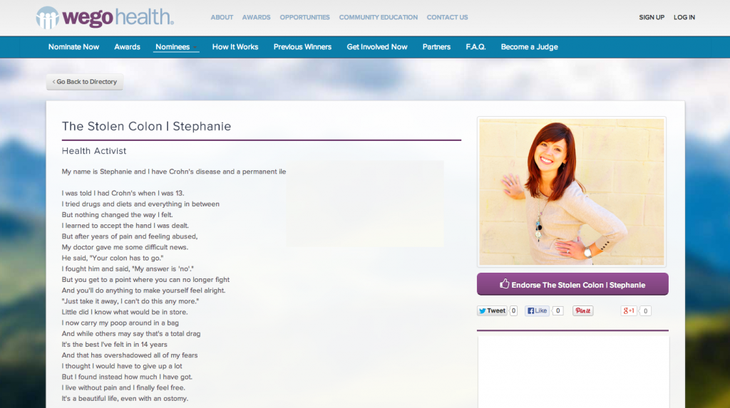 wego health activist award blog best in show advocacy stephanie hughes stolen colon crohn's colitis ostomy